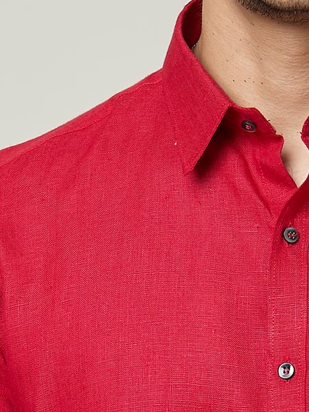 Aryavir Malhotra Red Linen Plain Half Sleeves Pocket Detail Shirt at Aza Fashions Aryavir Malhotra_Red Linen Plain Half Sleeves Pocket Detail Shirt _at_Aza_Fashions