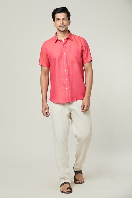 Arihant Rai Sinha Solid Half Sleeves Pocket Detail Linen Shirt 