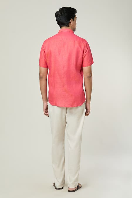 Shop_Aryavir Malhotra_Orange Linen Solid Half Sleeves Pocket Detail Shirt _at_Aza_Fashions
