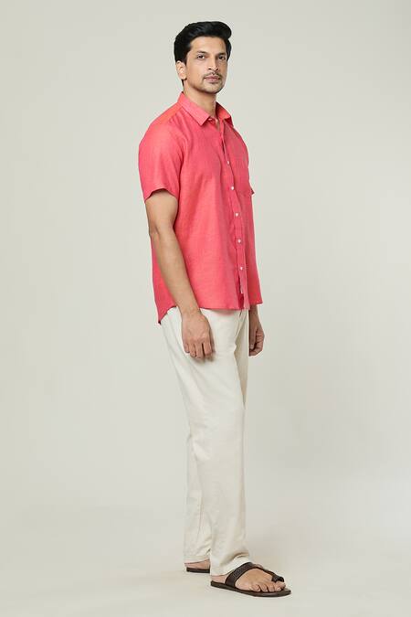 Aryavir Malhotra_Orange Linen Solid Half Sleeves Pocket Detail Shirt _Online_at_Aza_Fashions