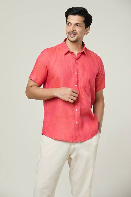 Shop_Aryavir Malhotra_Orange Linen Solid Half Sleeves Pocket Detail Shirt _Online_at_Aza_Fashions