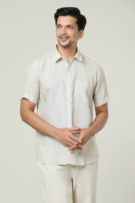 Buy_Aryavir Malhotra_Off White Linen Half Sleeves Pocket Detail Shirt _Online_at_Aza_Fashions