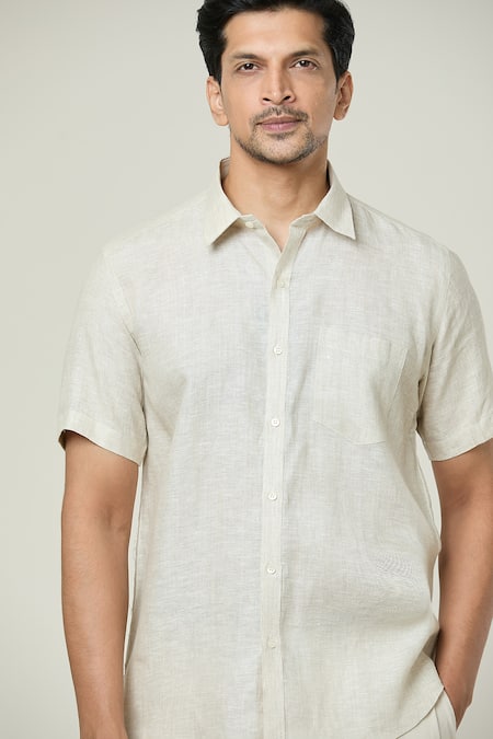 Shop_Aryavir Malhotra_Off White Linen Half Sleeves Pocket Detail Shirt _Online_at_Aza_Fashions