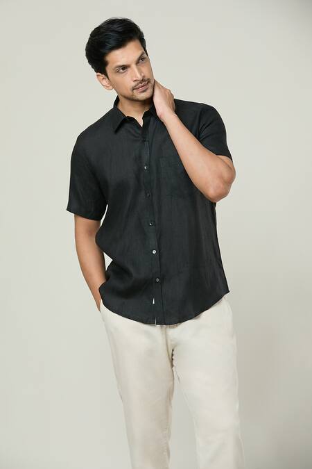 Shop Aryavir Malhotra Black Linen Pocket Detail Shirt Online at Aza Fashions Shop_Aryavir Malhotra_Black Linen Pocket Detail Shirt _Online_at_Aza_Fashions