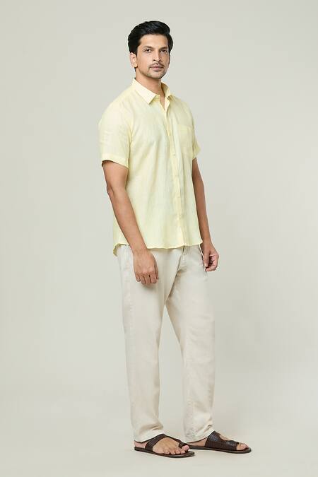 Aryavir Malhotra_Yellow Linen Pocket Detail Solid Shirt _Online_at_Aza_Fashions