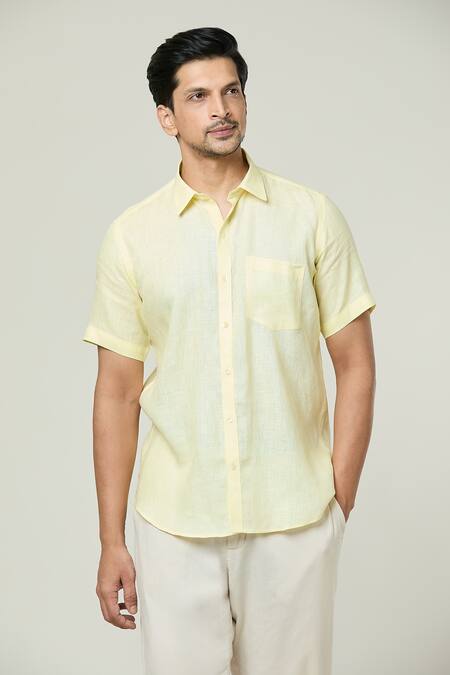 Buy_Aryavir Malhotra_Yellow Linen Pocket Detail Solid Shirt _Online_at_Aza_Fashions