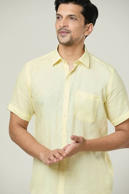 Shop_Aryavir Malhotra_Yellow Linen Pocket Detail Solid Shirt _Online_at_Aza_Fashions