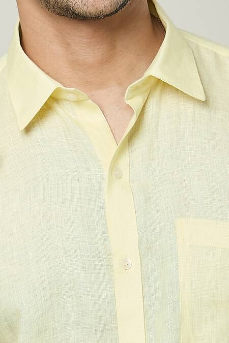 Aryavir Malhotra_Yellow Linen Pocket Detail Solid Shirt _at_Aza_Fashions