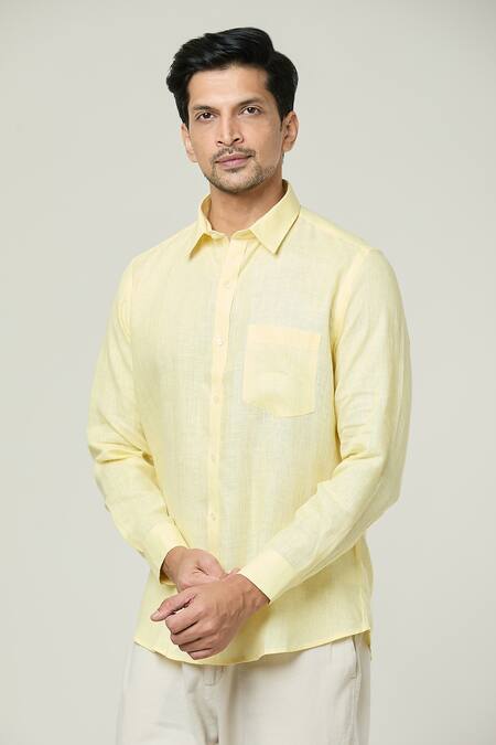 Buy Aryavir Malhotra Yellow Linen Pocket Detail Full Sleeves Shirt Online at Aza Fashions Buy_Aryavir Malhotra_Yellow Linen Pocket Detail Full Sleeves Shirt _Online_at_Aza_Fashions