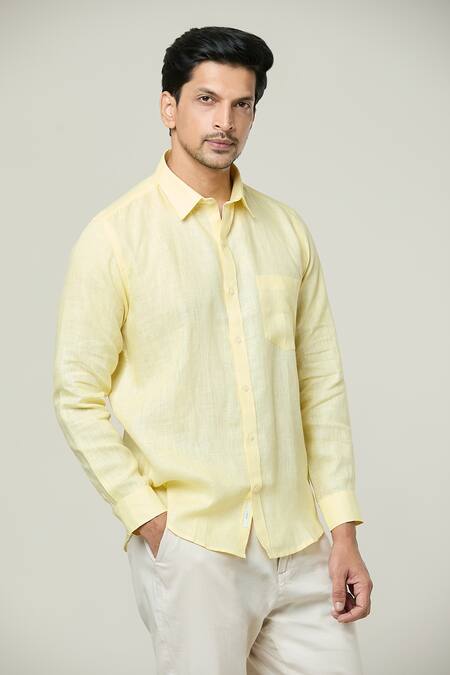 Shop Aryavir Malhotra Yellow Linen Pocket Detail Full Sleeves Shirt Online at Aza Fashions Shop_Aryavir Malhotra_Yellow Linen Pocket Detail Full Sleeves Shirt _Online_at_Aza_Fashions