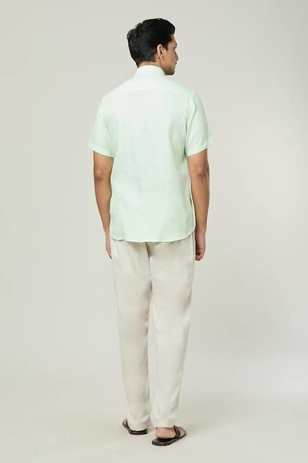 Shop Aryavir Malhotra Green Linen Pocket Detail Plain Shirt at Aza Fashions Shop_Aryavir Malhotra_Green Linen Pocket Detail Plain Shirt _at_Aza_Fashions