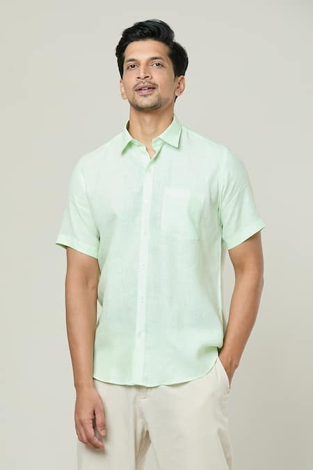 Aryavir Malhotra Green Linen Pocket Detail Plain Shirt Online at Aza Fashions Aryavir Malhotra_Green Linen Pocket Detail Plain Shirt _Online_at_Aza_Fashions