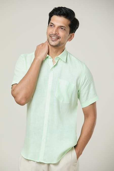 Buy Aryavir Malhotra Green Linen Pocket Detail Plain Shirt Online at Aza Fashions Buy_Aryavir Malhotra_Green Linen Pocket Detail Plain Shirt _Online_at_Aza_Fashions