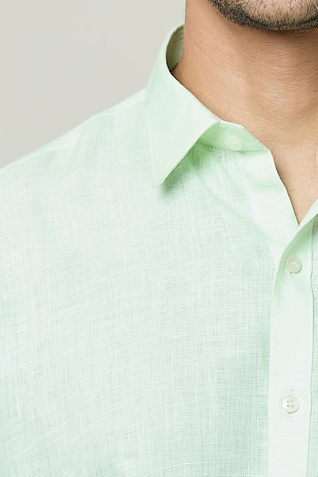 Shop Aryavir Malhotra Green Linen Pocket Detail Plain Shirt Online at Aza Fashions Shop_Aryavir Malhotra_Green Linen Pocket Detail Plain Shirt _Online_at_Aza_Fashions