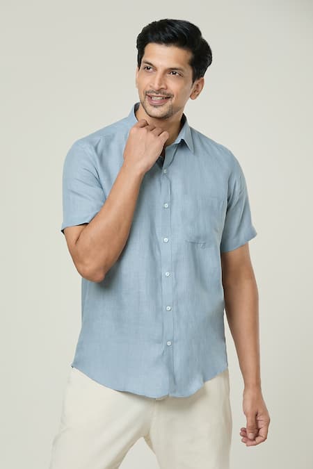 Shop Aryavir Malhotra Grey Linen Pocket Detail Button Down Shirt Online at Aza Fashions Shop_Aryavir Malhotra_Grey Linen Pocket Detail Button Down Shirt _Online_at_Aza_Fashions