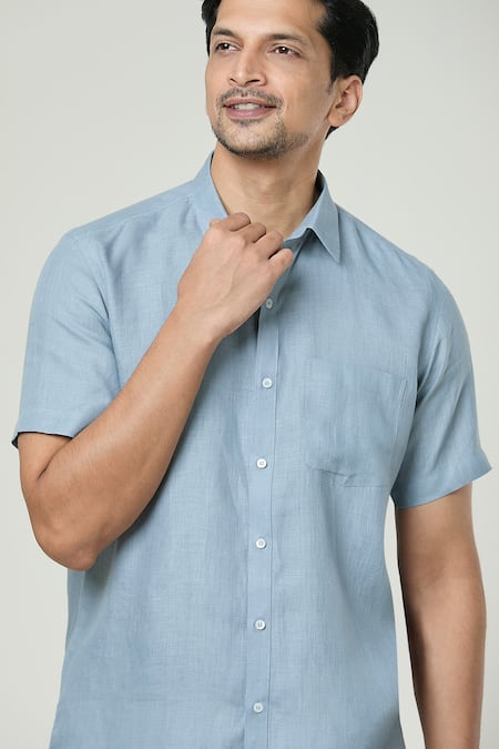 Aryavir Malhotra Grey Linen Pocket Detail Button Down Shirt at Aza Fashions Aryavir Malhotra_Grey Linen Pocket Detail Button Down Shirt _at_Aza_Fashions