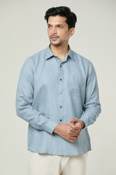 Aryavir Malhotra_Grey Linen Pocket Detail Button Down Full Sleeves Shirt _Online_at_Aza_Fashions