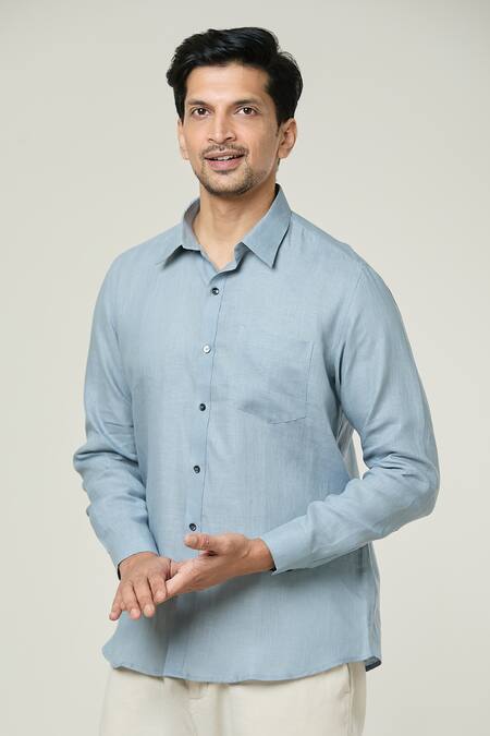 Buy_Aryavir Malhotra_Grey Linen Pocket Detail Button Down Full Sleeves Shirt _Online_at_Aza_Fashions