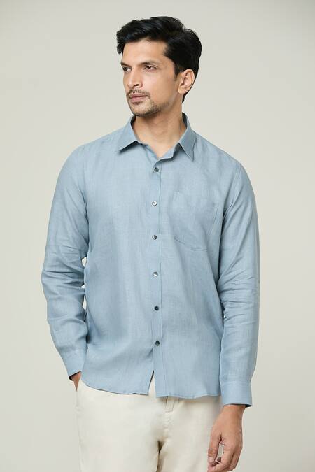 Shop_Aryavir Malhotra_Grey Linen Pocket Detail Button Down Full Sleeves Shirt _Online_at_Aza_Fashions