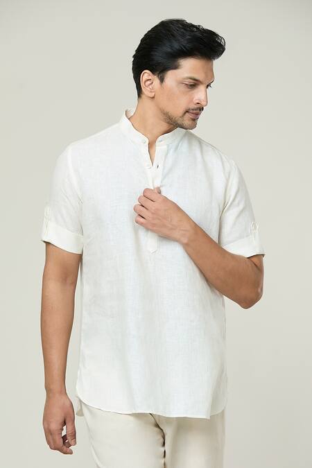 Arihant Rai Sinha Cream Linen Shirt Style Short Kurta Online at Aza Fashions Arihant Rai Sinha_Cream Linen Shirt Style Short Kurta _Online_at_Aza_Fashions