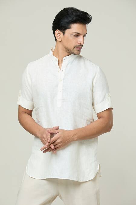 Buy Arihant Rai Sinha Cream Linen Shirt Style Short Kurta Online at Aza Fashions Buy_Arihant Rai Sinha_Cream Linen Shirt Style Short Kurta _Online_at_Aza_Fashions