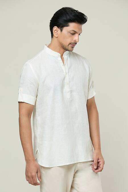 Shop Arihant Rai Sinha Cream Linen Shirt Style Short Kurta Online at Aza Fashions Shop_Arihant Rai Sinha_Cream Linen Shirt Style Short Kurta _Online_at_Aza_Fashions