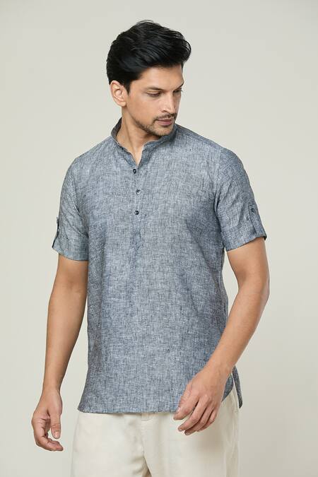 Arihant Rai Sinha Grey Linen Shirt Style Textured Short Kurta Online at Aza Fashions Arihant Rai Sinha_Grey Linen Shirt Style Textured Short Kurta _Online_at_Aza_Fashions
