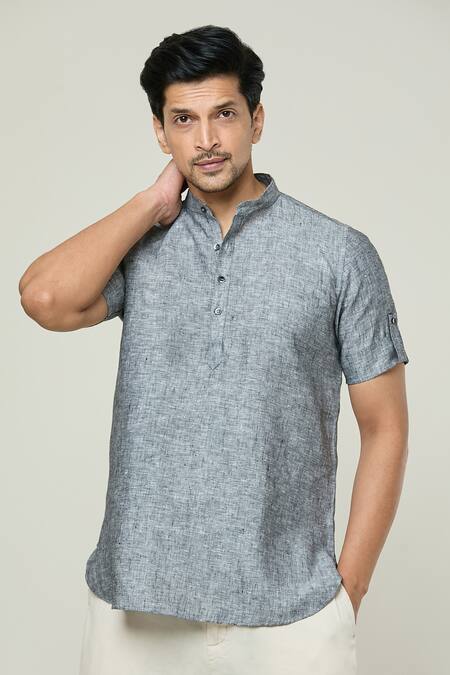 Buy Arihant Rai Sinha Grey Linen Shirt Style Textured Short Kurta Online at Aza Fashions Buy_Arihant Rai Sinha_Grey Linen Shirt Style Textured Short Kurta _Online_at_Aza_Fashions