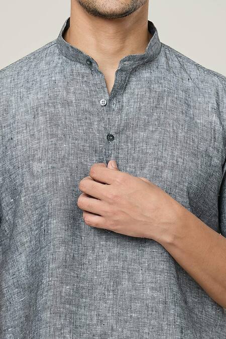 Shop Arihant Rai Sinha Grey Linen Shirt Style Textured Short Kurta Online at Aza Fashions Shop_Arihant Rai Sinha_Grey Linen Shirt Style Textured Short Kurta _Online_at_Aza_Fashions