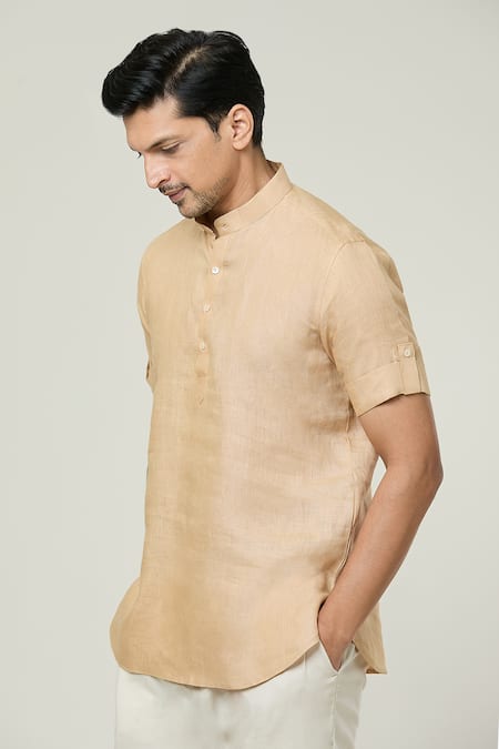 Arihant Rai Sinha_Beige Linen Shirt Style Solid Kurta _Online_at_Aza_Fashions