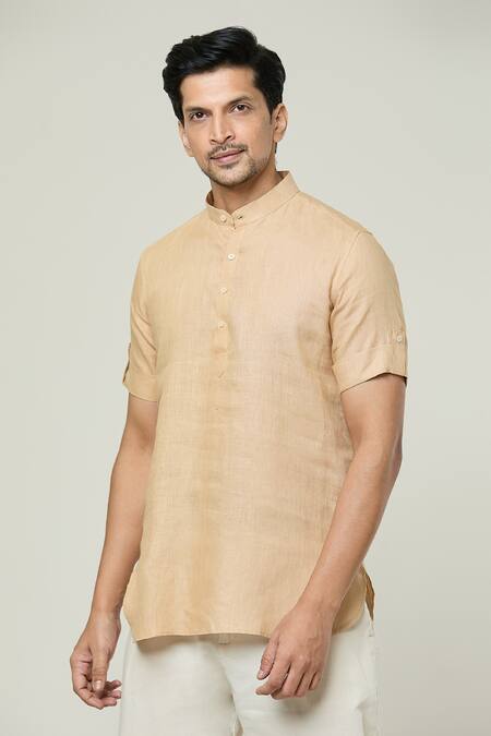 Buy_Arihant Rai Sinha_Beige Linen Shirt Style Solid Kurta _Online_at_Aza_Fashions