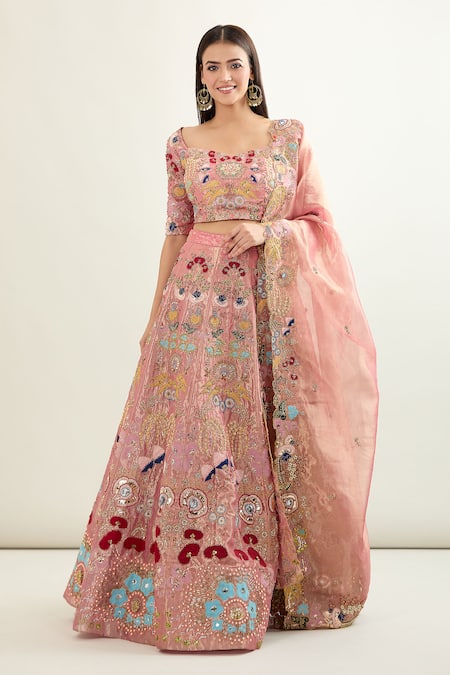 Buy Aisha Rao Pink Floral Sweetheart Applique Embroidered Bridal Lehenga Set Online at Aza Fashions Buy_Aisha Rao_Pink Floral Sweetheart Applique Embroidered Bridal Lehenga Set _Online_at_Aza_Fashions