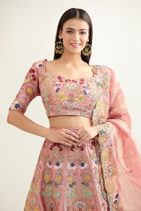 Shop Aisha Rao Pink Floral Sweetheart Applique Embroidered Bridal Lehenga Set Online at Aza Fashions Shop_Aisha Rao_Pink Floral Sweetheart Applique Embroidered Bridal Lehenga Set _Online_at_Aza_Fashions