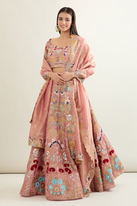 Aisha Rao Pink Floral Sweetheart Applique Embroidered Bridal Lehenga Set at Aza Fashions Aisha Rao_Pink Floral Sweetheart Applique Embroidered Bridal Lehenga Set _at_Aza_Fashions