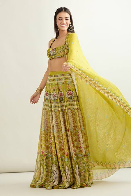 Aisha Rao_Green Chiffon Embroidery Round Neck Floral Print Skirt Set_Online_at_Aza_Fashions