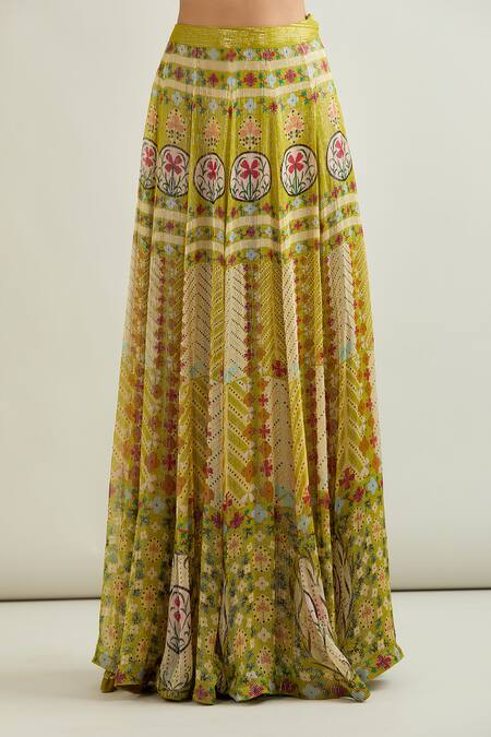 Buy_Aisha Rao_Green Chiffon Embroidery Round Neck Floral Print Skirt Set_Online_at_Aza_Fashions