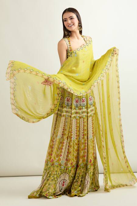 Buy_Aisha Rao_Green Chiffon Embroidery Round Neck Floral Print Skirt Set