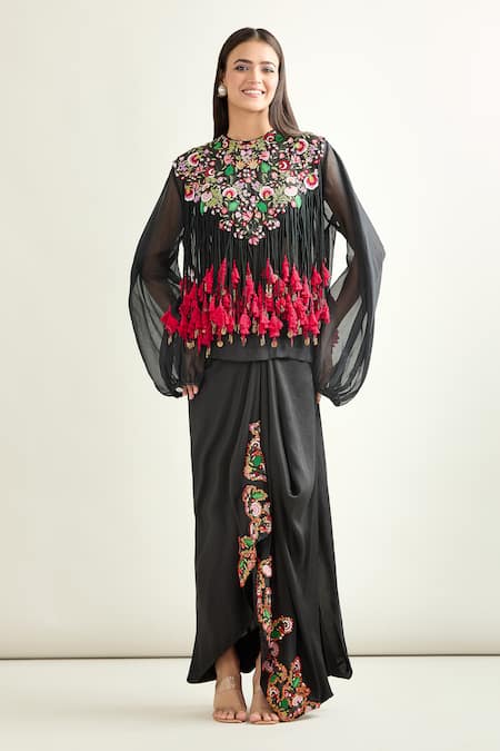 Anamika Khanna Tassel Embroidered Cape & Draped Skirt Set 