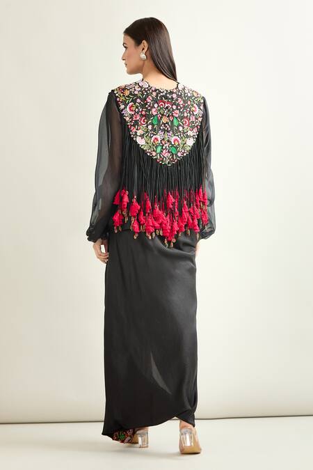 Anamika Khanna Tassel Embroidered Cape & Draped Skirt Set 