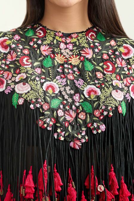 Buy Anamika Khanna Black Chiffon Tassels, Embroidery Round Neck Cape And Draped Skirt Set Online at Aza Fashions Buy_Anamika Khanna_Black Chiffon Tassels, Embroidery Round Neck Cape And Draped Skirt Set_Online_at_Aza_Fashions