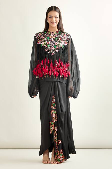 Shop Anamika Khanna Black Chiffon Tassels, Embroidery Round Neck Cape And Draped Skirt Set Online at Aza Fashions Shop_Anamika Khanna_Black Chiffon Tassels, Embroidery Round Neck Cape And Draped Skirt Set_Online_at_Aza_Fashions