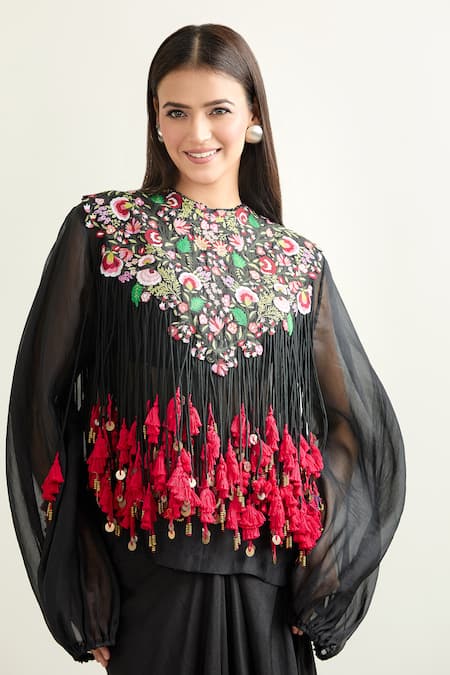 Anamika Khanna Black Chiffon Tassels, Embroidery Round Neck Cape And Draped Skirt Set at Aza Fashions Anamika Khanna_Black Chiffon Tassels, Embroidery Round Neck Cape And Draped Skirt Set_at_Aza_Fashions
