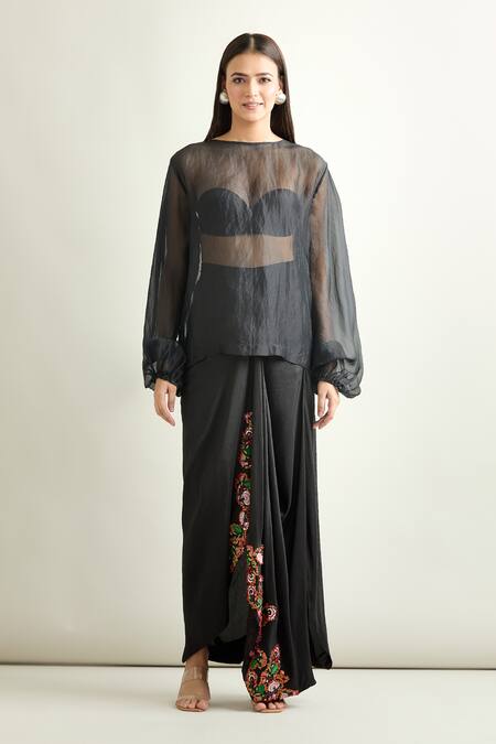 Buy Anamika Khanna Black Chiffon Tassels, Embroidery Round Neck Cape And Draped Skirt Set Buy_Anamika Khanna_Black Chiffon Tassels, Embroidery Round Neck Cape And Draped Skirt Set