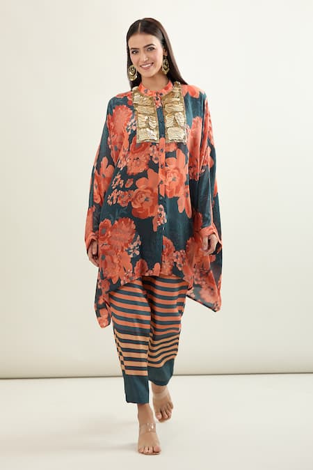 Archana Shah Blue Printed Floral Band Collar Kaftan And Pant Set 