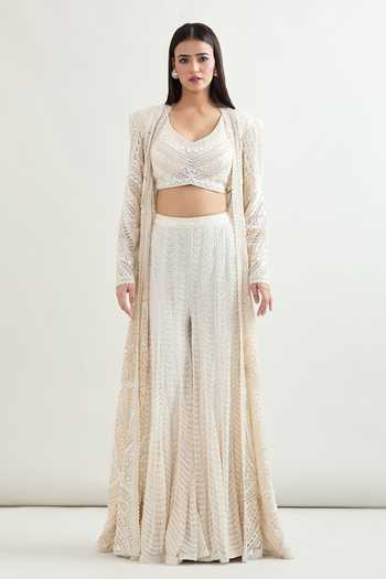 Ritika Mirchandani_White Embroidery V-, Open Jacket Blouse And Sharara Set _at_Aza_Fashions
