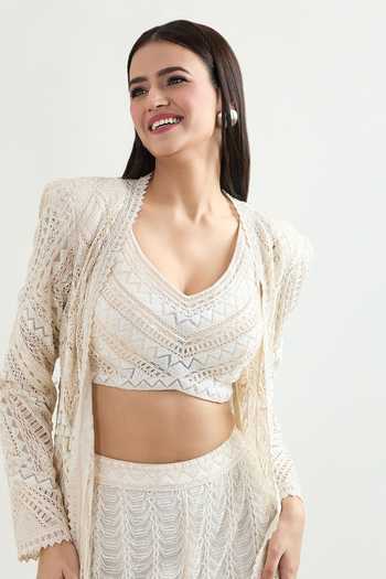 Buy_Ritika Mirchandani_White Embroidery V-, Open Jacket Blouse And Sharara Set 