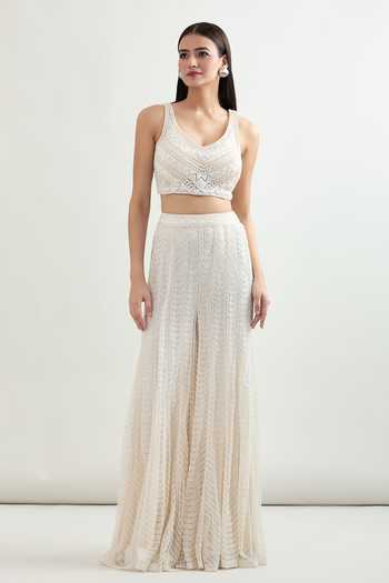 Shop_Ritika Mirchandani_White Embroidery V-, Open Jacket Blouse And Sharara Set 
