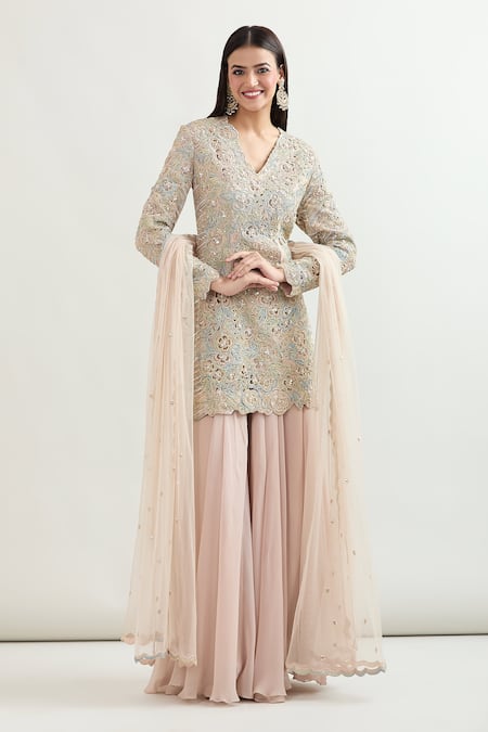 VARUN NIDHIKA Peach Embroidered Floral Scalloped V Cutwork Kurta Sharara Set 