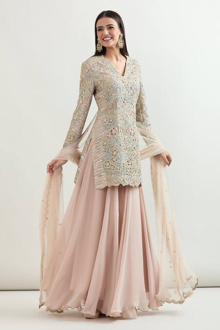 Varun Nidhika_Peach Silk Embroidery Scoop Neck Floral Cutwork Kurta Sharara Set_Online_at_Aza_Fashions