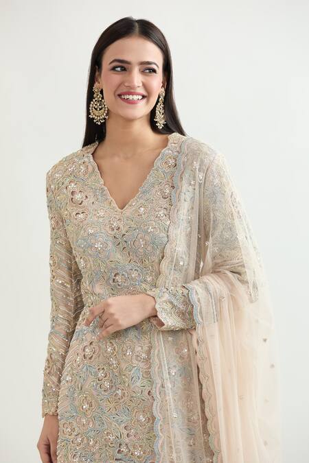 Buy_Varun Nidhika_Peach Silk Embroidery Scoop Neck Floral Cutwork Kurta Sharara Set_Online_at_Aza_Fashions